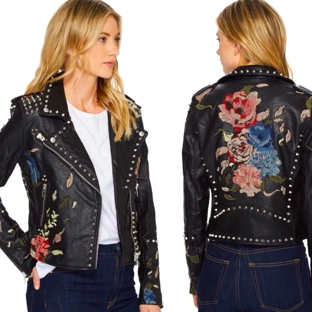 Blank NYC Budding Romance Vegan Leather Embroidered Rose Spiked Moto Jacket NEW